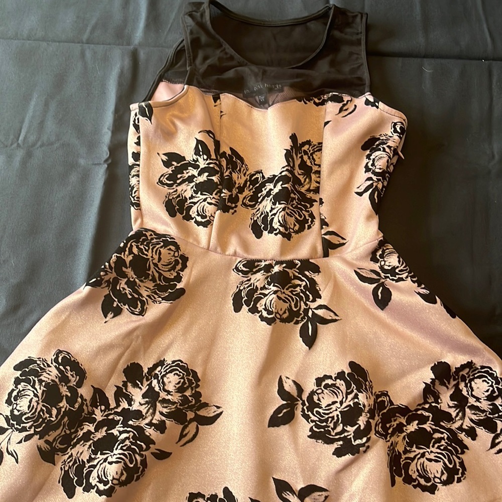Pink sparkly semi formal dress with black velvet florals